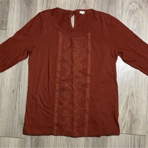 J. Crew Cotton 3/4 Sleeve Tee w/ Lace Detail, Copper, L (large)